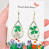 Lucky Four-Leaf Clover Dried Plant Teardrop Charm Earrings